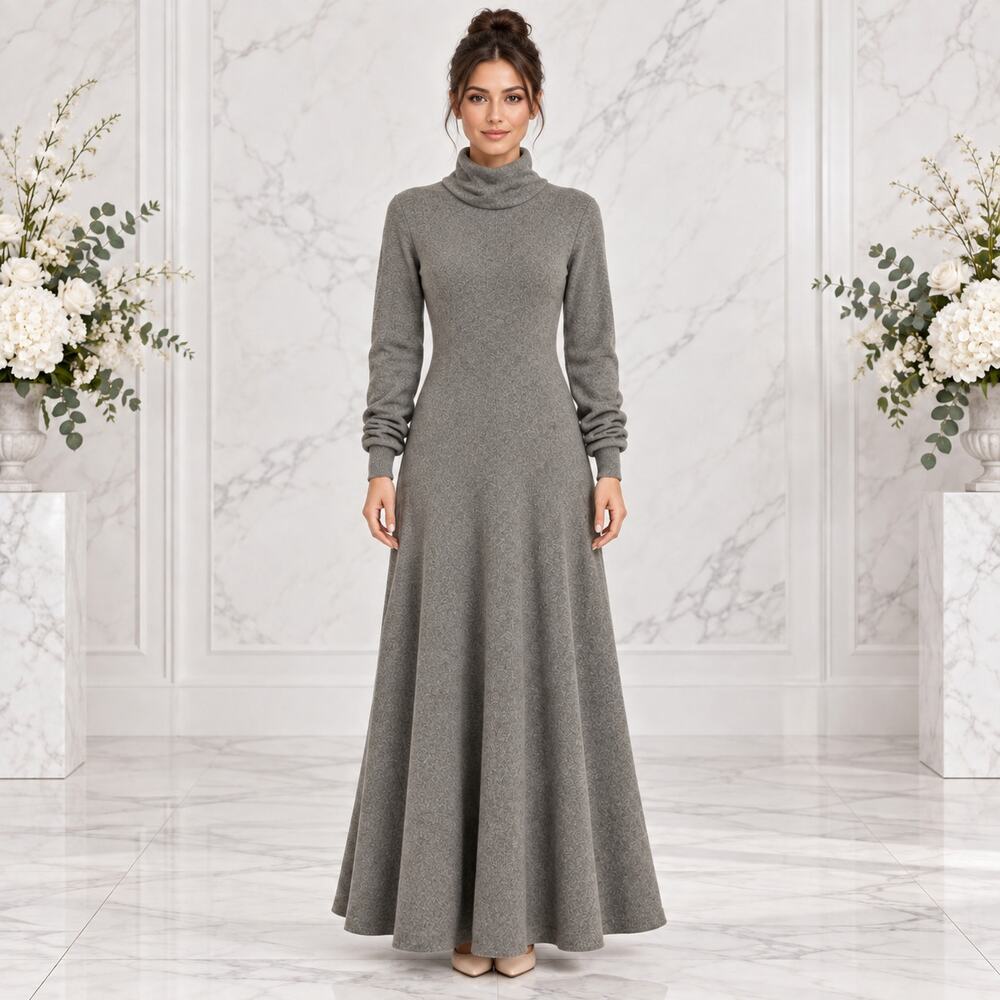 Ralph Lauren Women 100% Cashmere Gray Cowlneck Long Sleeve Midi Sweater Dress L - Picture 1 of 13